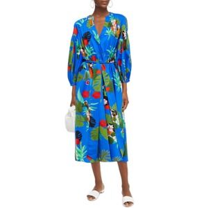Borgo de Nor Tropical Print Midi Dress Blue V Neck Long‎ Balloon Sleeve Elegant
